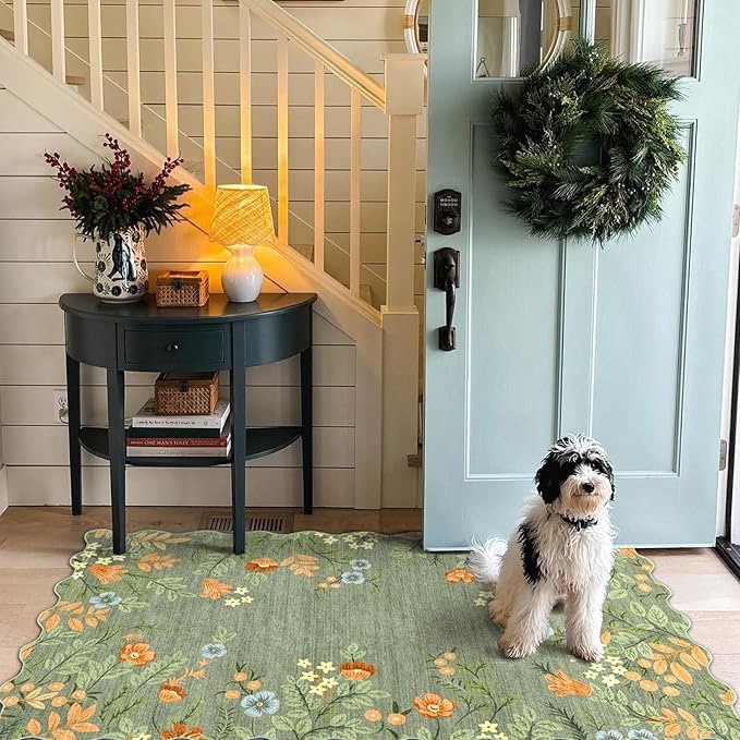 Sage Green Floral Entry Rug - 3x5 Ft Washable Indoor Outdoor Mats for Front Door Non-Slip Porch Rug Non-Slip Boho Throw Rugs for Living Room Bedroom Entryway Kitchen Office Porch Decor