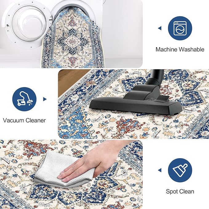 Yamaziot Washable Runner Rug, 2x8 Non-Slip Boho Vintage Hallway Rug with Rubber Backing, Low Pile Faux Wool Distressed Carpet Runner for Bedroom, Kitchen, Laundry, Entrance