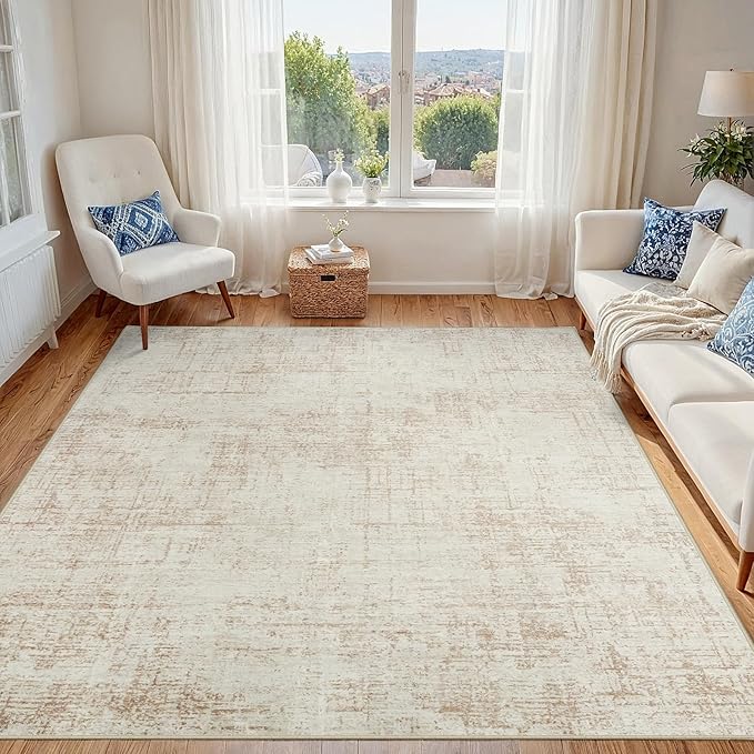 5x7 Area Rugs for Living Room Washable Rug: Anti-Skid Abstract Modern Living Room Rug Soft Thin Carpets Indoor Floor Non-Shedding Carpet for Bedroom Dining Farmhouse Nursery Beige White