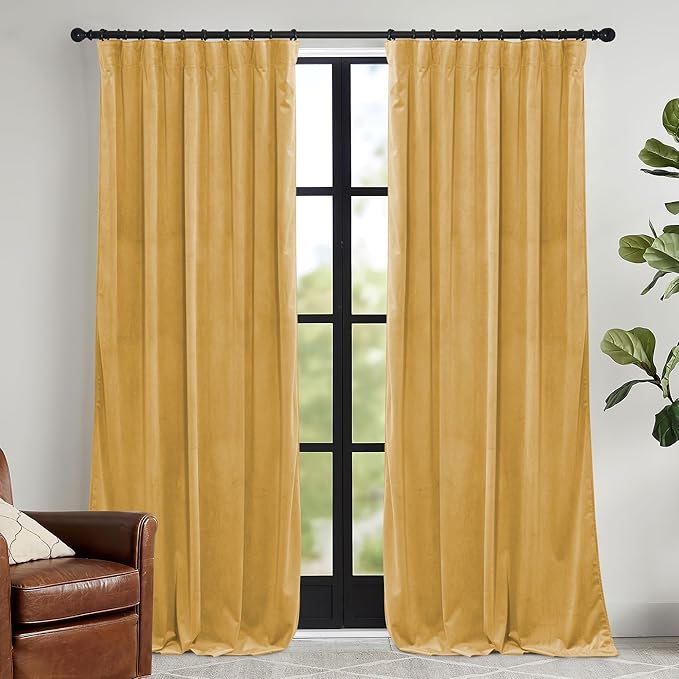 RYB HOME Mustard Yellow Velvet Curtains 84 inches, Back Tab Soft Fabric Room Darkening Thermal Insulated Luxurious Home Decor Curtains for Living Room Bedroom, W 52" x L 84", 2 Panels Set