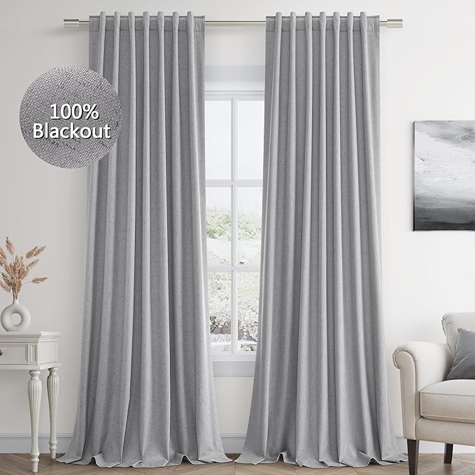 Guken Grey 100% Blackout Curtains 96 Inch Length 2 Panels Set for Living Room Bedroom Back Tab Thermal Insulated Black Out Linen Drapes Room Darkening Window Curtains 96 Inches Long