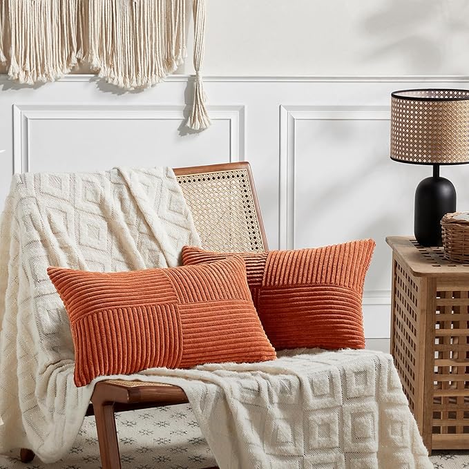 Fancy Homi 2 Packs Burnt Orange Lumbar Decorative Throw Pillow Covers 20x28 Inch for Living Room Couch Bed Sofa, Farmhouse Boho Home Decor, Soft Striped Corduroy Rectangle Accent Cushion Case 50x70 cm