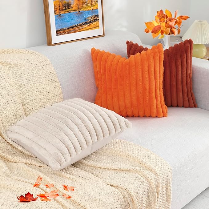 decorUhome Cozy Faux Fur Throw Pillow Covers 12x20 Set of 2 Decorative Soft Plush Striped Lumbar Modern Farmhouse Boho Couch Pillow Cases with Velvet Back for Sofa Bed Living Room, Rust