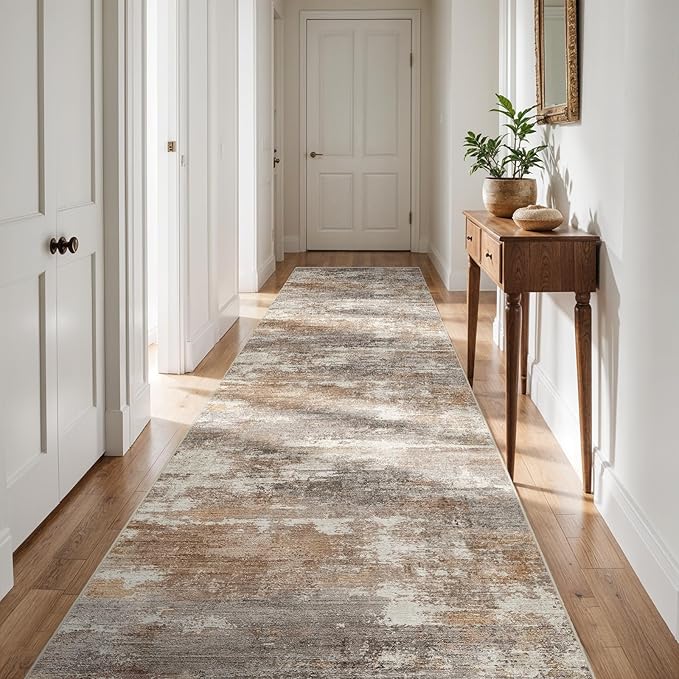 2'6''x12' Washable Kitchen Runner Rug: Modern Abstract Runners for Hallway Soft Non Slip Rugs with Rubber Backing Low Pile Thin Floor Carpet for Entryway Bedroom Bathroom Indoor(Brown/Brick,2'6''x12')