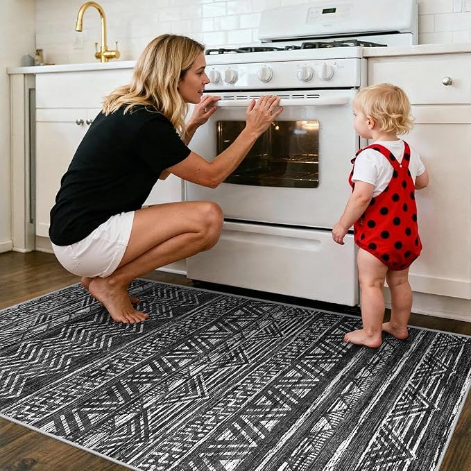 2x4 Washable Entryway Runner Rug: Moroccan Small Area Rug Soft Non Slip Door Mat for Hallway Low Pile Thin Stain Resistant Floor Carpet for Kitchen Bedroom Bathroom Bedside Indoor(2x4,Black)