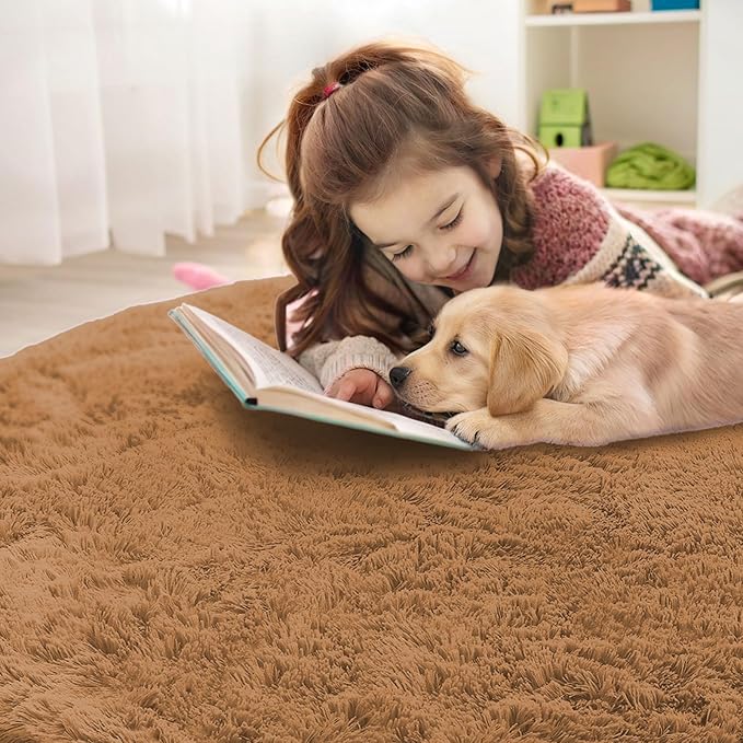OLANLY Khaki Round Rugs for Bedroom - Machine Washable, 8 ft Circle Area Rugs for Living Room, Soft and Fluffy Shaggy Carpet for Teen Girl and Boys, Nursery Rooms, Dorms, Home Decor Aesthetic