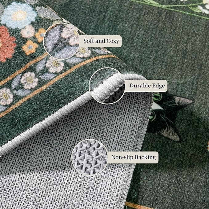 2'6"x8' Washable Kitchen Runner Rug - Soft Low Pile Floral Animal Cat Print Rugs with Non-Slip Backing Waterproof Stain-Resistant Indoor Carpet for Hallway Entryway Bathroom Bedroom (Sage Green)