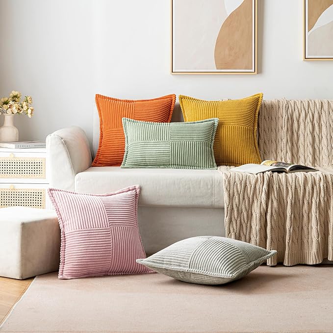 MIULEE Spring Decorative Throw Pillow Covers for Couch Bed Livingroom 18x18 Inch Set of 2 Pink Boho Accent Throw Pllows Broadside Striped Patchwork Soft Corduroy Pillowcases Valentine Decor