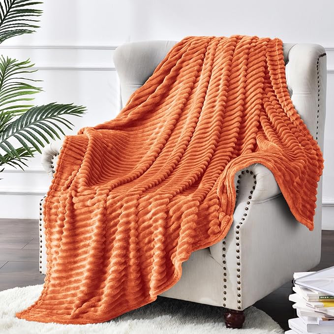 BEDELITE Fall Throw Blanket for Couch - 3D Ribbed Jacquard Soft & Warm Decorative Burnt Orange Blanket, Cozy, Plush, Fluffy, Fuzzy Fleece Throw Blanket for Bed, Sofa 50x60Inches