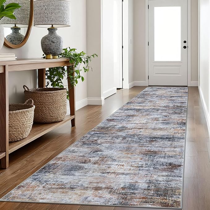 IOHOUZE Abstract Runner Rug 3x16 Ft Washable Runners for Hallways, Non Slip Kitchen Runner Printed Faux Wool Entryway Runner Indoor, Modern Abstract Floor Carpet for Hall Stair, Orange Grey