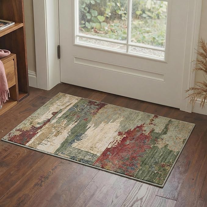Area Rugs 5x7 for Living Room Bedroom, Modern Abstract Machine Washable Rug, Large Soft Low Pile Floor Carpet with Non Slip Backing for Dining Room, Moss Green