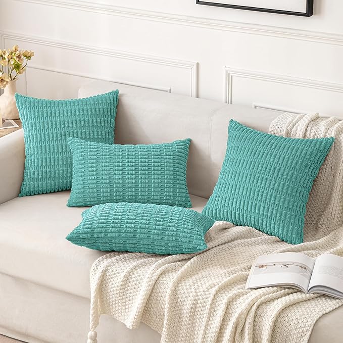 MIULEE Pack of 2 Corduroy Decorative Throw Pillow Covers 18x18 Inch Soft Boho Striped Pillow Covers Modern Farmhouse Home Decor for Summer Sofa Living Room Couch Bed Aqua Green