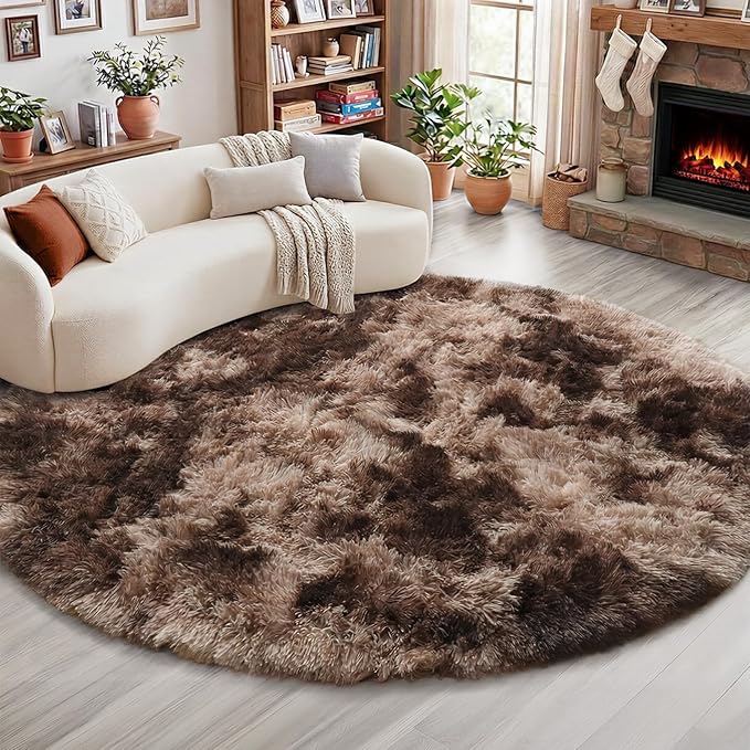 Amdrebio Tie-Dyed Brown Round Circle Rugs 5Ft for Bedroom, Fluffy Shag Plush Area Rugs for Kids Room, Living Room Decor Aesthetic, Fuzzy Fur Throw Floor Carpet for Playroom Preppy Dorm Baby Nursery