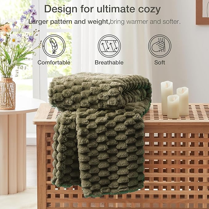 EXQ Home Fleece Throw Blanket for Couch and Bed, 3D Imitation Large Turtle Shell Jacquard Decorative Blankets, Plush Lightweight Fuzzy Flannel Blanket Suitable for All Seasons (50"×60",Moss Green)
