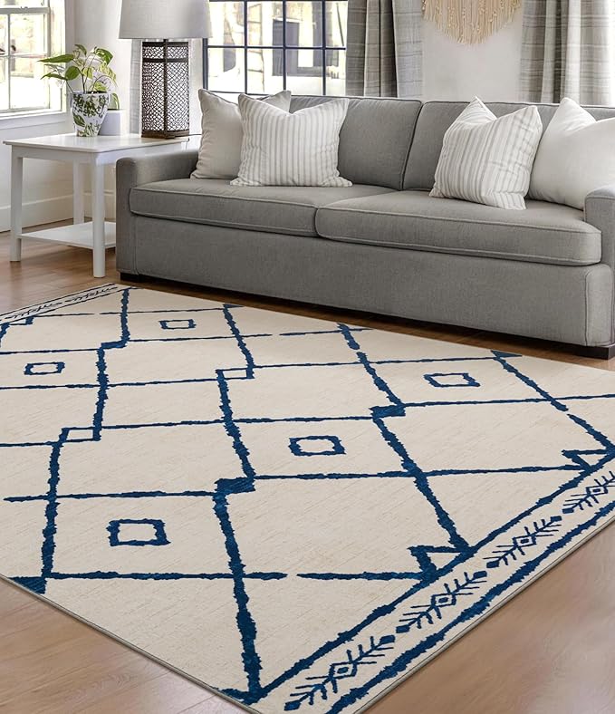 YIHOUSE Boho 5x7 Area Rugs for Living Room, Western Beige and Blue Rug, Moroccan Geometric Soft Low-Pile Washable Rugs for Bedroom, Dining Room