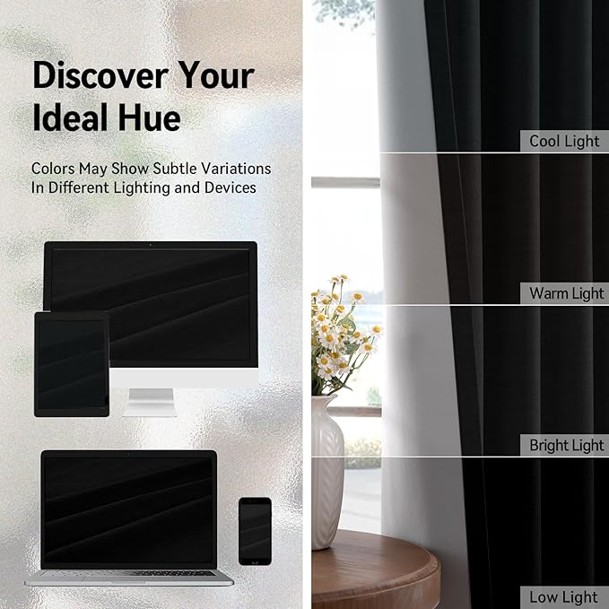 100% Blackout Shield Linen Blackout Curtains for Bedroom, Black Grommet Curtains for Living Room, Thermal Insulated Room Darkening Drapes for Nursery, Boho Home Decor, 50" W x 108" L, 2 Panels