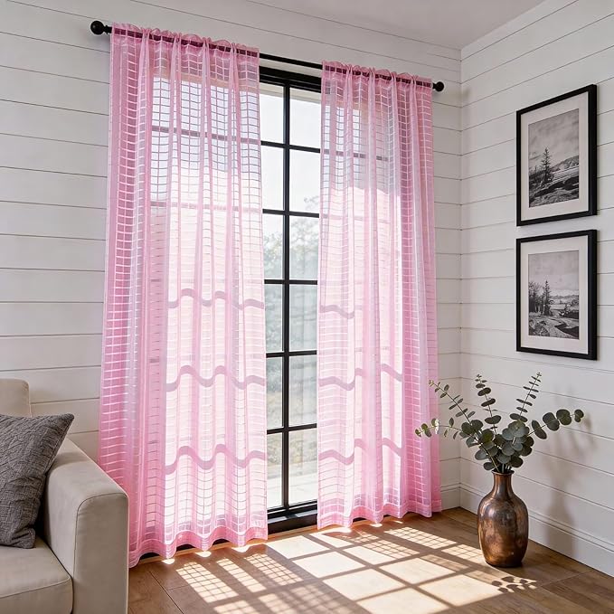 SpaceDresser Check Sheer Curtains 45 Inches 2 Panels Set, Rod Pocket Plaid Window Curtain for Living Room, Pink Semi Sheer Drapes for Kitchen Bedroom Children Room Yard（Pink, 52W x 45L）