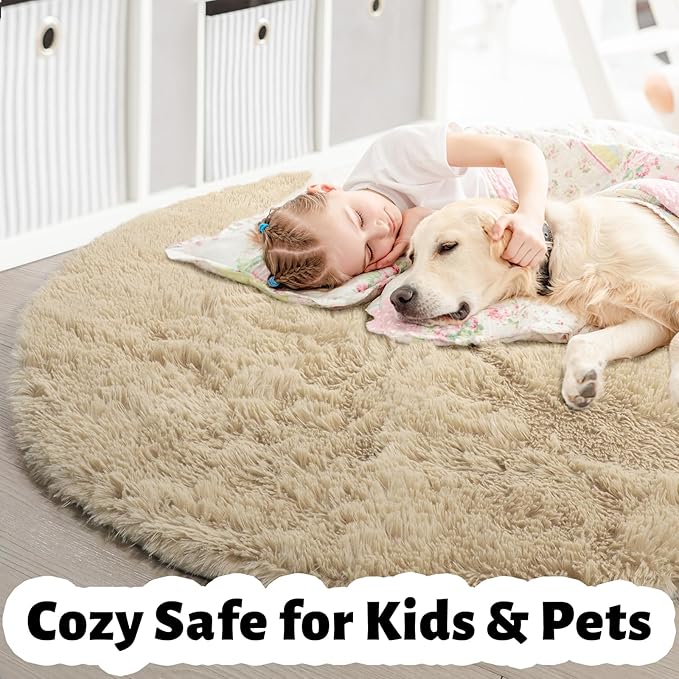 Amdrebio Beige Round Area Rug 6Ft for Living Room Bedroom, Fluffy Plush Shag Furry Circle Rugs for Kids Room Decor Aesthetic, Fuzzy Tan Neutral Circular Carpet for Baby Nursery Classroom Teens Dorm
