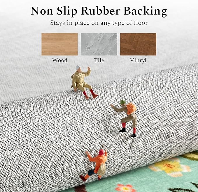 Rugflix 2x6 Runner Rug for Hallway, Washable Kitchen Runner Non Slip, Soft Low Pile Entryway Carpet, Vintage Floral Stain Resistant Long Laundry Room Rugs for Bedroom, Stairs, Green