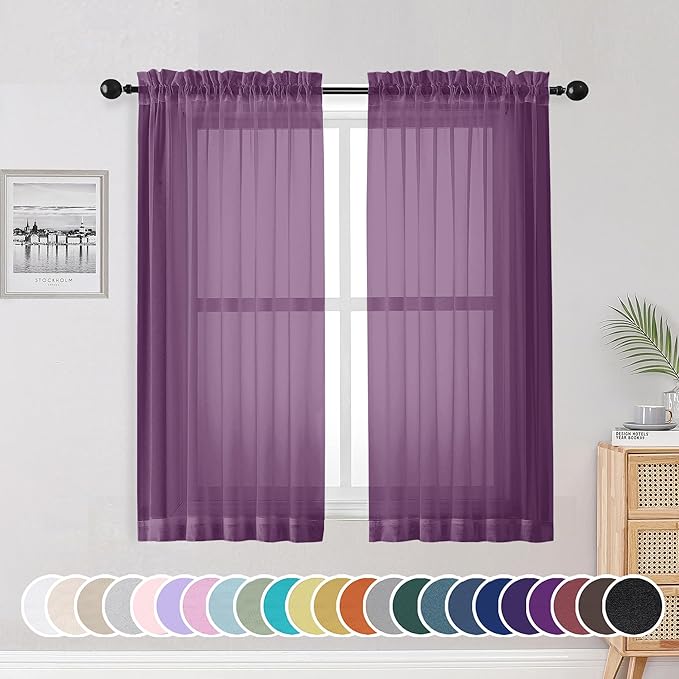 OWENIE Sheer Curtains 54 Inch Length 2 Panels Set, Plam Clear Sheer Short Curtains for Small Window, Light Filtering Clear Curtains Sheer, 2 Pcs 84 Width 54 Long, Plam