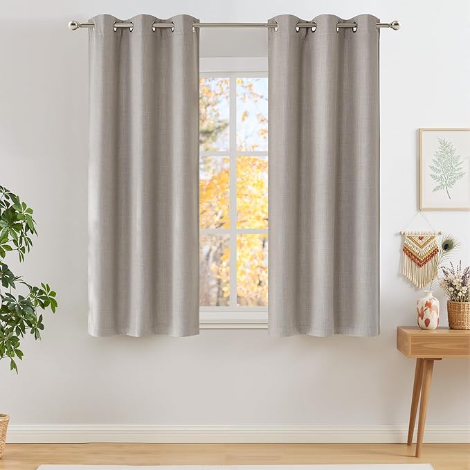 NICETOWN Short Faux Linen Angora Blackout Curtains 63 inches Long for Kitchen - Privacy Panels for Living Room Bedroom, Modern Farmhouse Style Easy Care Grommet Top, 2 Panels, W42 by L63