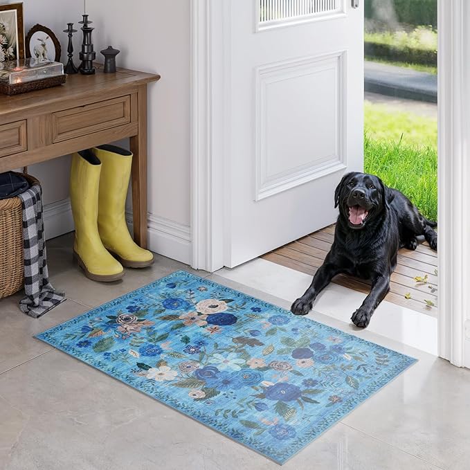 Floral Rug for Entryway, 2X3 Washable Kitchen Mat Ultra-Thin Soft, Non-Slip Indoor Door Carpet Stain Resistant Boho Small Low-Pile Throw for Bathroom Bedroom (2 x 3, Blue Lawn)