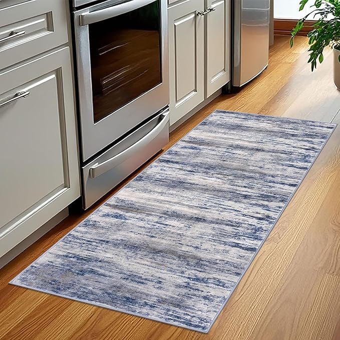 KOZYFLY Modern Abstract Washable Rug Runner 2x5 Hallway Rug Runner Non-Slip Soft Kitchen Runner Rugs, Grey-Blue Striped Carpet for Entryway Bathroom Laundry Room Foyer