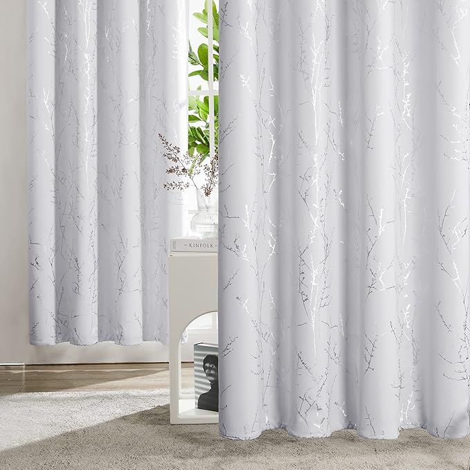 Deconovo Greyish White Curtains, Room Darkening Curtain, Thermal Insulated Soundproof Drapes, Silver Branch Print, 42 x 72 Inch Long, Grommet Window Panels for Living Room Bedroom Nursery, Set of 2