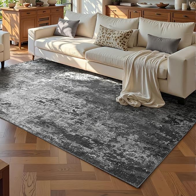 Ompaa Living Room Rug 5x7 Black Area Rug Machine Washable Boho Carpet Non Slip Abstract Vintage Indoor Large Rugs for Bedroom, Classroom, College Dorm, Farmhouse, Dining Room, Kids Playroom