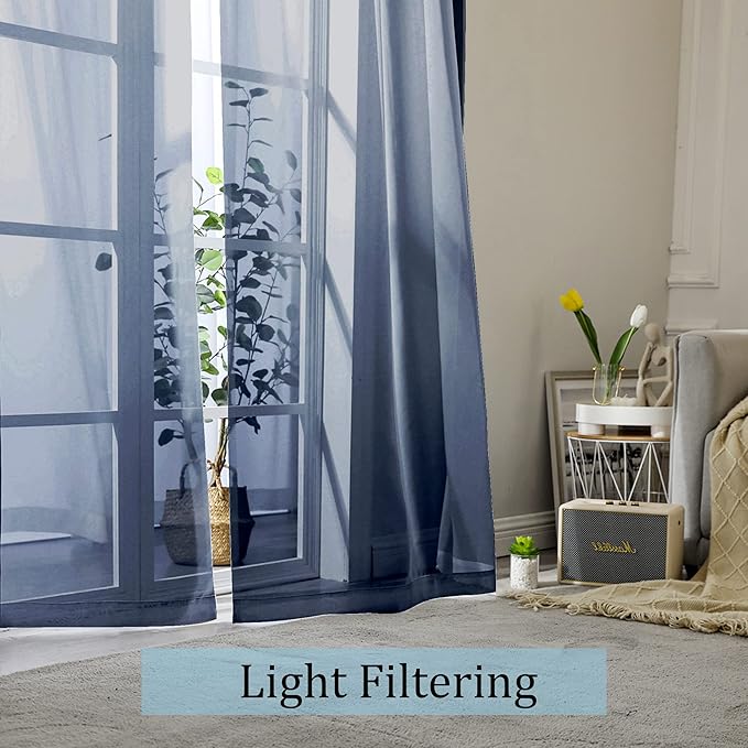 OWENIE Sheer Curtains - Navy 45" Long, Light Filtering Tiers for Kitchen, Bedroom, Basement, Short Curtains Panels Rod Pocket, Cafe Curtains for Small Window, 42" W x 45" L