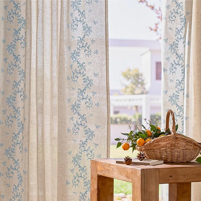 jinchan Evelyn Embroidered Linen Curtains 63 inch Floral Curtains for Living Room Bedroom Farmhouse Cottagecore Semi Sheer Light Filtering Window Drapes Rod Pocket Back Tab 2 Panels W50 x L63 Blue