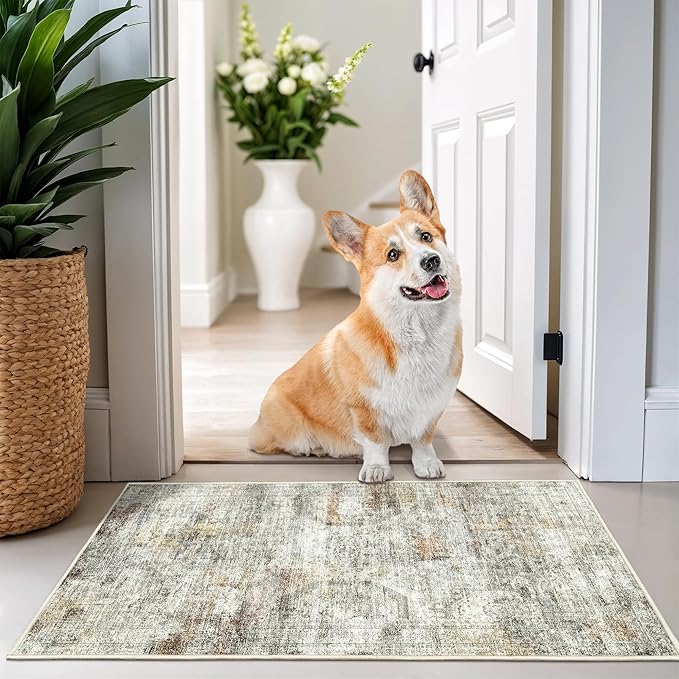 2x3 Washable Rug Runner for Bathroom, Soft Entryway Rug for Laundry Room, Kitchen, Vintage Abstract Hallway Runner for Bedroom, Anti-Slip Door Mat Indoor Entrance(2'x3', Grey/Rust)