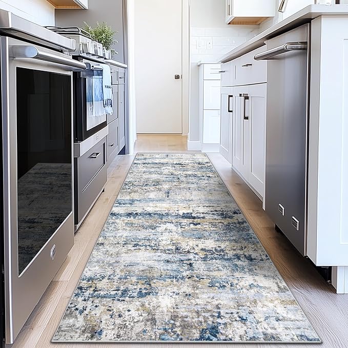 Area Rugs 2x8 Runner Rug: Washable Hallway Rug Modern Abstract Neutral Soft Non-Slip Low-Pile Indoor Carpet for Kitchen Bedside Entrance Laundry (Blue Grey Brown, 2'x8')