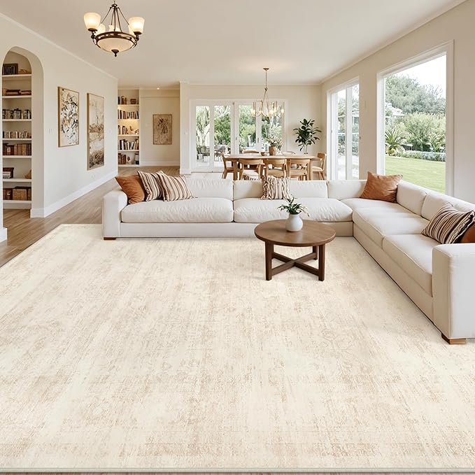 8x10 Area Rugs for Living Room: Vintage Boho Neutral Washable Rug Indoor Soft Large Area Rug Carpet for Bedroom Nursery Farmhouse Dining Room Office Floor Non-Slip Low Pile Under Table Rug Retro Beige