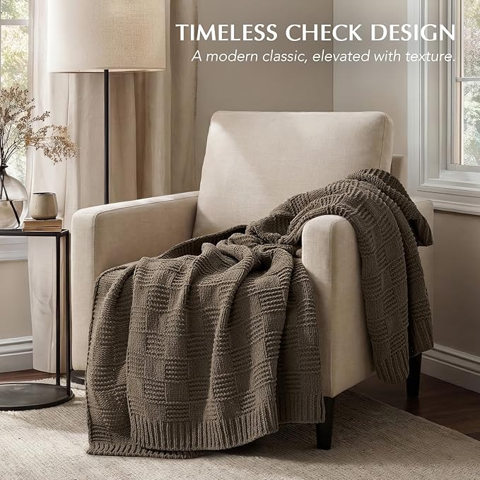 EVERGRACEHOME Modern Checkered Chenille Throw Blanket, Soft Cozy Plaid Knitted Chair Blanket for Sofa Couch, Decorative Knit Throw for Bed and Living Room, Mocha Brown, 50" x 60"