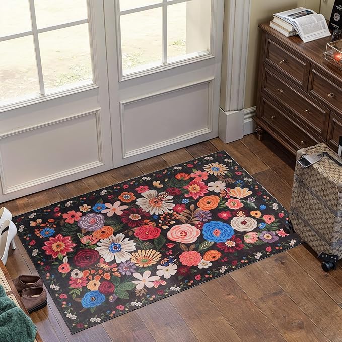 Black/Brown Floral Rug for Entryway, 2x3 Washable Kitchen Mat Ultra-Thin Soft, Non-Slip Indoor Door Carpet Stain Resistant Boho Small Low-Pile Throw for Bathroom Bedroom (2 x 3, Black/Brown)