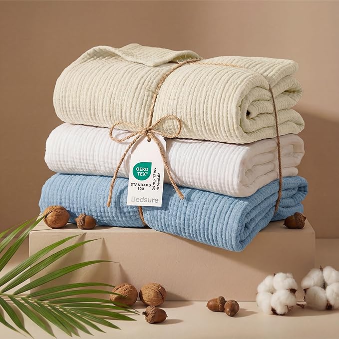Bedsure 100% Cotton Muslin Blankets for Adults Large Throw 50x70 Inches - 4-Layer Breathable and Lightweight, Soft Boho Gauze Muslin Cotton Blanket for Couch Decor Travel Summer, Blue