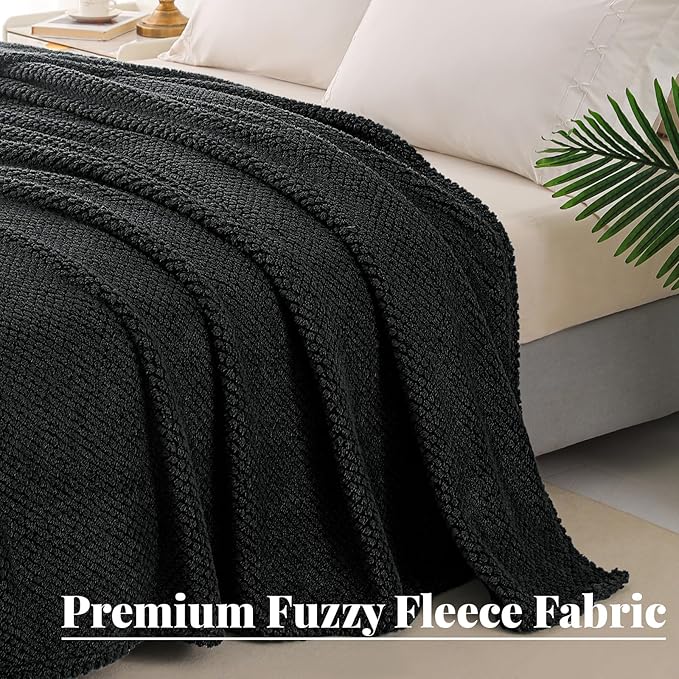 Whale Flotilla Twin Size Fuzzy Fleece Blanket for Bed, 60x80 Inch Fluffy Warm Soft Jacquard Blankets for All Season, Lightweight and Cozy, Black