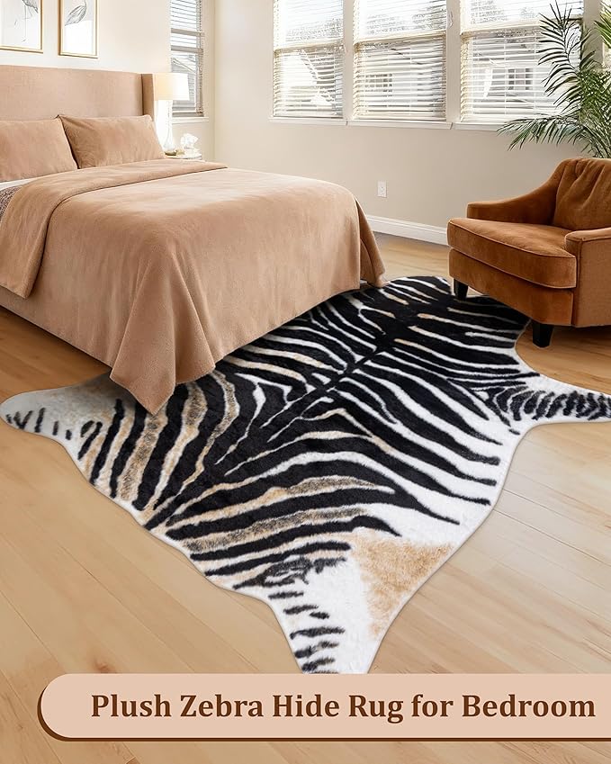 Zebra Print Rug for Living Room, Faux Fur Zebra Hide 5.2x7 Feet Animal Skin Rug for Bedroom Nursery Black and White