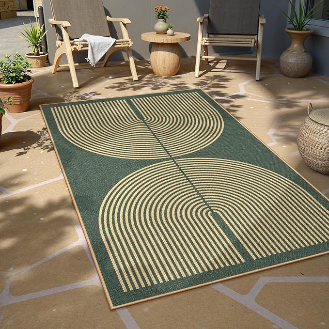 Lahome Enfys Modern Rainbow Easy Jute Entry Rug, 3x5 Washable Outdoor Patio Porch Rug, Farmhouse Non Slip Non Shedding Dark Green Carpet for Dorm Living Room Deck Front Door Kitchen