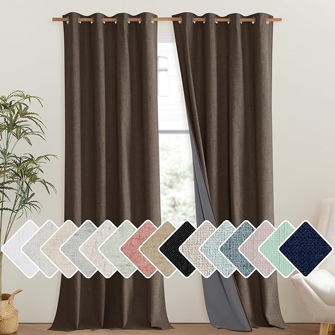NICETOWN Coffee Vintage Linen 100% Blackout Curtains for Living Room, Thermal Insulated Curtains 120" Long, Noise Reducing Window Treatment Drapes for Hall Room, 52" Wide Per Panel, Set of 2