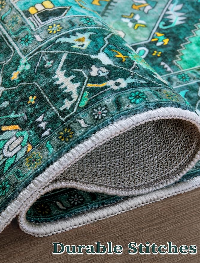 SERISSA Boho Washable Runner Rug, 2'6"x10' Long Rug Runner Non-Slip Vintage Teal Hallway Kitchen Stair Runner Rug Ultra Soft Print Distressed Floor Carpet Runner for Bedroom Bathroom Laundry Room