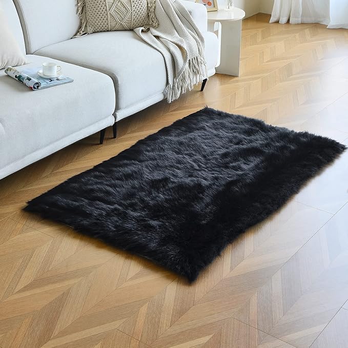 duduta Black Faux Sheepskin Fur Rug 3x5 ft, Fluffy Shag Bedroom Dorm Nursery Playroom Carpet Rug Non Slip Washable