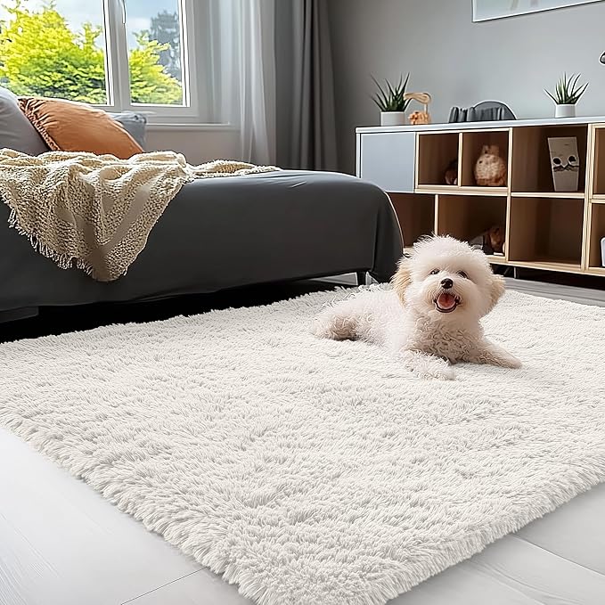 OLANLY 4x12 Area Rugs for Living Room Bedroom, Machine Washable Soft Fluffy Shaggy Bedside Rug, Indoor Floor Carpet for Kids Girls and Boys, Dorms, Nursery Rooms, Home Decor Aesthetic, Ivory