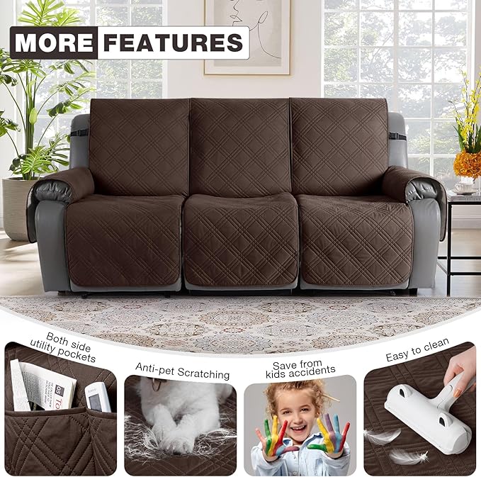 TAOCOCO 100% Waterproof Recliner Sofa Cover, Non Slip Split Couch Covers for Reclining Couches with Straps, Washable Reclining Sofa Cover Furniture Protector for Kids Pets(3 Seater, Dark Brown)