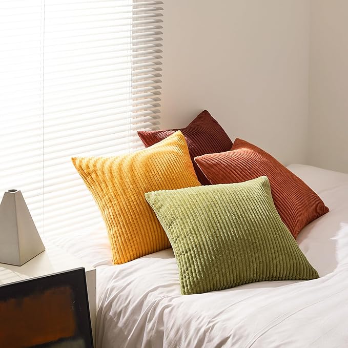 Topfinel Throw Pillow Cover 4pc Set - Multi Yellow Burnt Orange Combo - 22" x 22" Solid Cozy Corduroy Square Accent Decorative Cushion Case for Couch Sofa Chair Bed