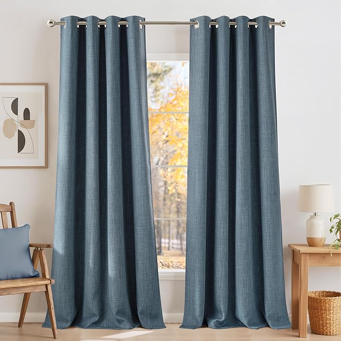 NICETOWN Faux Linen Mist Blue Blackout Curtains 84 inches Long for Living Room - Privacy Panels for Bedroom, Modern Farmhouse Style Easy Care Grommet Top, 2 Panels, W52 by L84