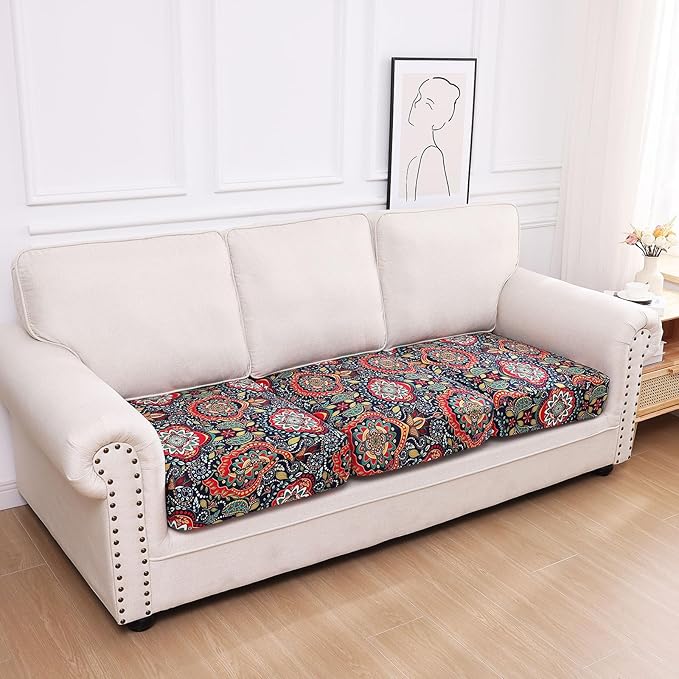 hyha Printed Couch Cushion Covers, Floral Sofa Covers Washable for 3 Cushion Couch, Stretch Pattern Outdoor Cushion Covers for Patio Furniture with Elastic Bottom(3 Packs, Mandala Floral)