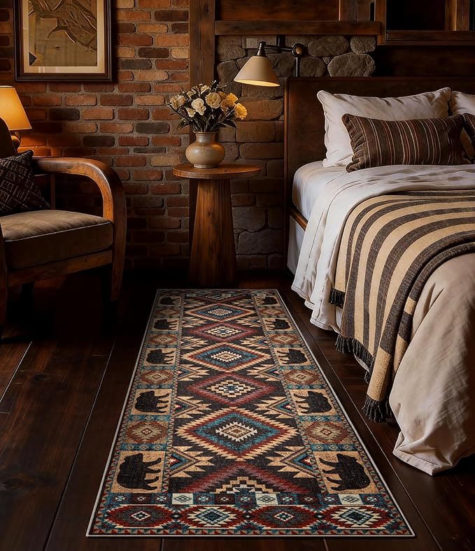 Hallway Runner Rug 2x6 Indoor Door Mat -Western Rug Bear Rustic Cabin Non-Slip Entryway Rug, Low Pile Tribal Print for Kitchen, Bedroom