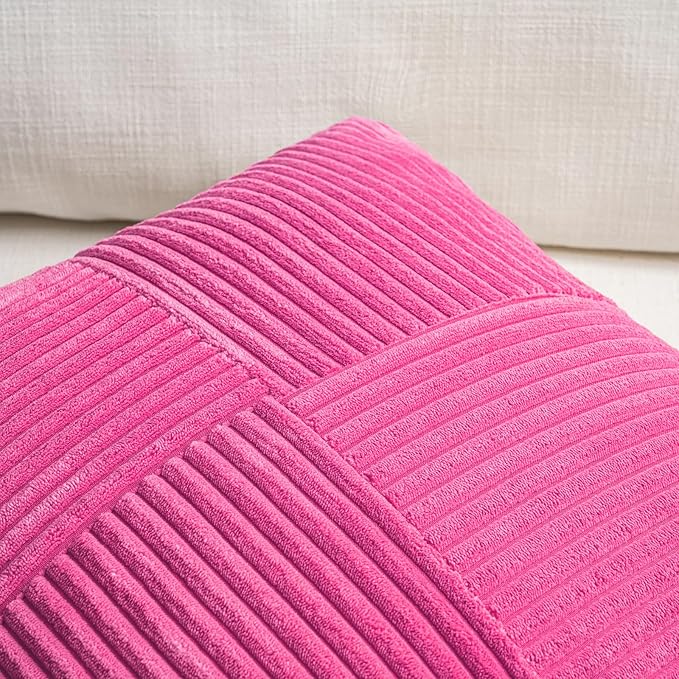 Fancy Homi 2 Packs Hot Pink Decorative Throw Pillow Covers 18x18 Inch for Living Room Couch Bed Sofa, Rustic Farmhouse Boho Home Decor, Soft Corss Corduroy Patchwork Textured Cushion Case 45x45 cm